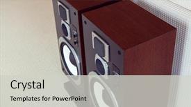  Presentation with audio speaker - Slides consisting of three way big audio stereo loud speaker closeup loudspeaker pair background and a light gray colored foreground