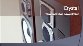  Presentation with audio speaker - PPT theme with three way big audio stereo loud speaker closeup loudspeaker pair background and a tawny brown colored foreground