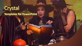  Presentation with witches - Colorful slides enhanced with three witches with book backdrop and a tawny brown colored foreground