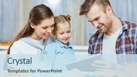  Presentation with family cartoons - Colorful presentation theme enhanced with three with tablet watching cartoon backdrop and a sky blue colored foreground