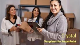  Presentation with ecommerce - PPT layouts having three-woman-ecommerce-business-workers background and a tawny brown colored foreground