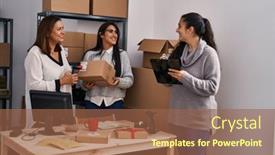  Presentation with scanning - PPT theme consisting of three-woman-ecommerce-business-workers background and a tawny brown colored foreground