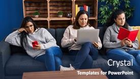  Presentation with three - Presentation theme having three-woman-using-laptop background and a navy blue colored foreground