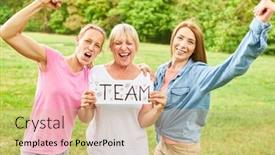  Presentation with girl power - Presentation theme with three-women-cheering-as-winners background and a coral colored foreground