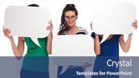  Presentation with three - Colorful PPT theme enhanced with three women holding speech bubbles backdrop and a ocean colored foreground
