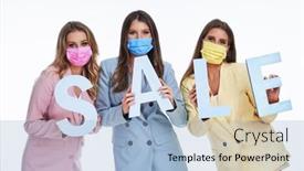  Presentation with white letters - PPT layouts having three-women-in-pastel-suits background and a light blue colored foreground