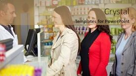  Presentation with stand - PPT theme having three-women-stand-in-line background and a coral colored foreground