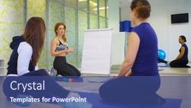  Presentation with personal training - Beautiful theme featuring three women teacher and two students are in fitness hall during personal training focus on teacher backdrop and a ocean colored foreground