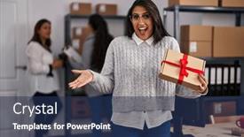  Presentation with business women - Presentation theme enhanced with three-women-working background and a navy blue colored foreground