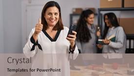  Presentation with business women - PPT theme with three-women-working background and a mint green colored foreground