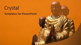  Presentation with disciples - Amazing theme having three wooden statues of buddhist disciples against orange wall backdrop and a gold colored foreground