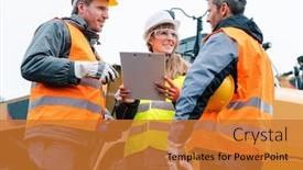 Presentation with machinery - Cool new slide set with three-workers-in-a-quarry backdrop and a gold colored foreground