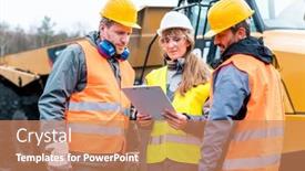  Presentation with machinery - Presentation design with three-workers-in-a-quarry background and a coral colored foreground
