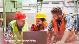  Presentation with factory workers - Amazing presentation design having three-workers-in-factory-together backdrop and a  colored foreground