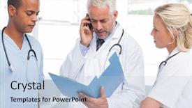  Presentation with three - Slides featuring three worried doctors calling someone background and a light blue colored foreground