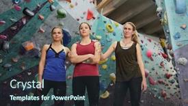  Presentation with females - Colorful PPT theme enhanced with three young active females in sportswear standing against climbing equipment after hard training in gym backdrop and a tawny brown colored foreground