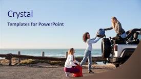  Presentation with three dimensinal geometry - Amazing presentation theme having luggage free - three young adult girlfriends unloading backdrop and a  colored foreground