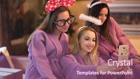 Presentation with bachelorette - Audience pleasing presentation theme consisting of three young beautiful happy girls doing selfy on bachelorette party at a luxury spa with champagne backdrop and a violet colored foreground