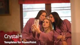  Presentation with bachelorette - Theme having three young beautiful happy girls doing selfy on bachelorette party at a luxury spa with champagne background and a tawny brown colored foreground