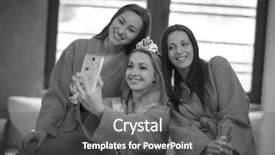  Presentation with bachelorette - PPT theme having three young beautiful happy girls doing selfy on bachelorette party at a luxury spa with champagne background and a dark gray colored foreground