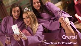  Presentation with bachelorette - Beautiful slide set featuring three young beautiful happy girls doing selfy on bachelorette party at a luxury spa with champagne backdrop and a tawny brown colored foreground