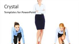  Presentation with competition official - Slide set consisting of three young businesswoman making competition background and a  colored foreground