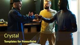  Presentation with snacks - PPT theme consisting of three-young-cheerful-buddies background and a tawny brown colored foreground