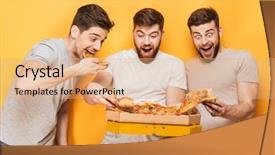  Presentation with eating - Presentation having three young cheerful men eating background and a coral colored foreground