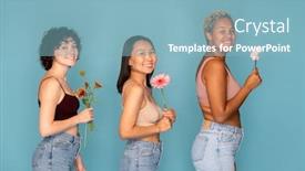  Presentation with women - Amazing presentation theme having three-young-cheerful-women backdrop and a light blue colored foreground