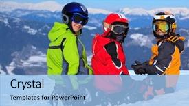  Presentation with summit - Cool new presentation with three young children in ski clothes and helmets on snowy alpine summit backdrop and a light blue colored foreground