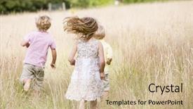  Presentation with children running - Presentation theme enhanced with three young children running outdoors background and a soft green colored foreground