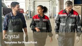  Presentation with maintenance - Colorful presentation design enhanced with three-young-contemporary-intercultural-workers backdrop and a coral colored foreground