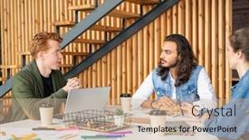  Presentation with new ideas - PPT theme consisting of three-young-educated-developers background and a coral colored foreground