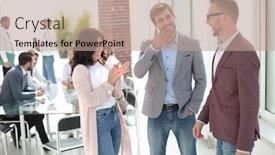  Presentation with employees - Cool new slide deck with three-young-employees-standing backdrop and a coral colored foreground