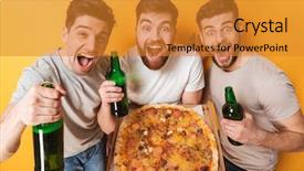  Presentation with virile young men - PPT theme featuring three young excited men holding background and a gold colored foreground