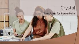  Presentation with fashion - PPT theme with three-young-fashion-designers-standing background and a light gray colored foreground