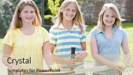  Presentation with court - PPT theme having three young girl friends with rackets on tennis court smiling background and a lemonade colored foreground