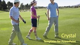  Presentation with walking young wild jaguar - Theme with three young golfers walking background and a tawny brown colored foreground