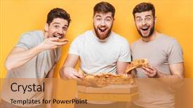  Presentation with virile young men - Slide deck having three young happy men eating background and a gold colored foreground