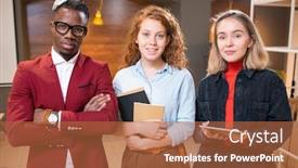  Presentation with intercultural - Cool new slide deck with three young intercultural college friends or groupmates in casualwear standing in front of camera in cafe backdrop and a red colored foreground