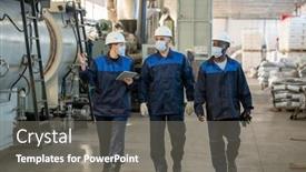  Presentation with industrial machines - PPT theme having three-young-intercultural-workers background and a gray colored foreground