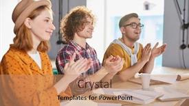  Presentation with managers - Amazing slide deck having three young managers clapping their hands after speech of colleague backdrop and a coral colored foreground