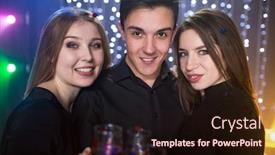  Presentation with celebrate - Slide deck having three young men and two women with glass champagne celebrate a birthday have fun in a nightclub at a party background and a wine colored foreground