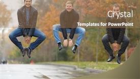  Presentation with black men - Theme having three young men in black jackets jumping for joke in alley in park background and a coral colored foreground