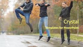  Presentation with black men - Slides having three young men in black jackets jumping for joy in alley in park background and a violet colored foreground
