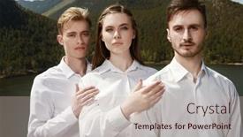  Presentation with young business people - Presentation design having three-young-people-in-white background and a soft green colored foreground