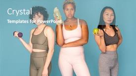  Presentation with females - Cool new PPT theme with three-young-pretty-active-females backdrop and a light blue colored foreground