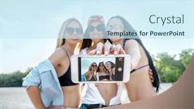  Presentation with selfie - Colorful presentation theme enhanced with three young pretty women in sunglasses having fun on the beach and doing selfie with them camera phone under sunlight in sunny day backdrop and a cool aqua colored foreground