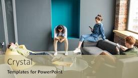  Presentation with mobile applications - Slide deck with three-young-restful-designers background and a mint green colored foreground