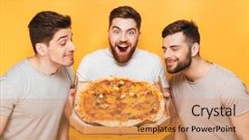  Presentation with three - Amazing presentation having three young smiling men smelling backdrop and a coral colored foreground
